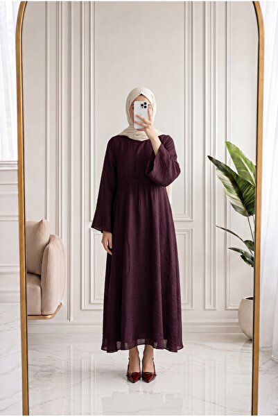 MİHRA STORE Ayser Waist-Cinched Tulle Dress-Ek891 Plum