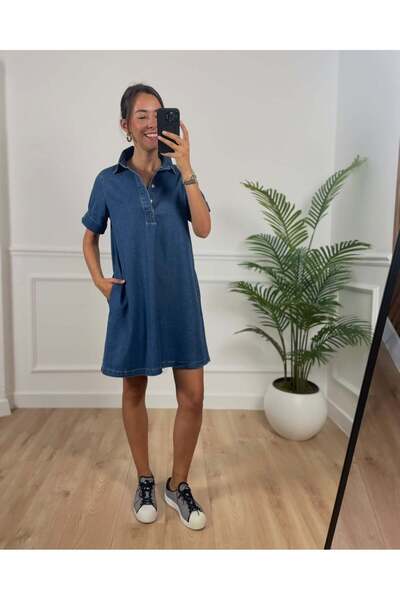 Myrum butik Aspen Mavi Yanları Cepli Denim Elbise