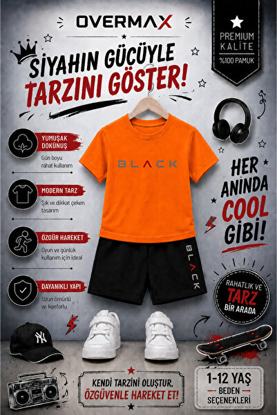 OVERMAX Black Printed Children's Set – T-Shirt & Shorts 2-Piece Combination |...