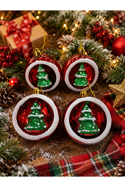 PARTİPORT Christmas Pine Tree Ornament Red Ball Set of 4 Plastic Christmas Tr...