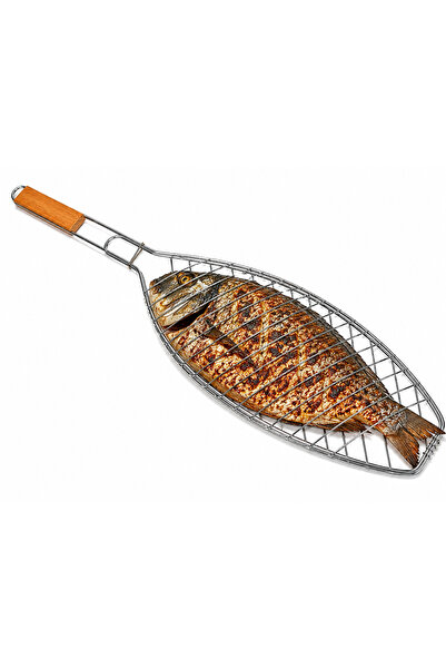 PRC Grătar pentru pește din oțel cromat cu mâner din lemn – 68 cm