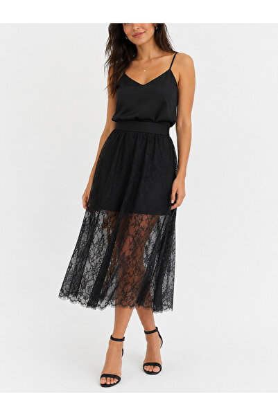 YAXİ Elastic Waist Lace Short Lining Six-Piece Flared Skirt