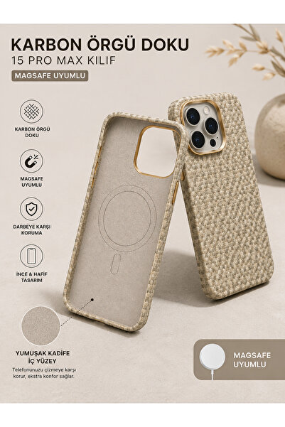 WOTOBEUS Premium Karbon Örgü Dokulu MagSafe Uyumlu iPhone 15 Kılıf Kadife İç ...
