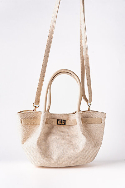 Tecer Bag Women's Linen Hand and Shoulder Bag with Lock Detail