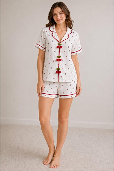 Pijamask Women's Cotton Short Sleeve Patterned Pajama Set