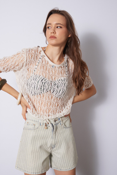 Nisan Tricot Blouse with Openwork Sequence Embellishment Detail, Ecru