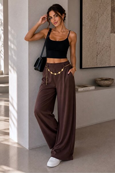 bb butik basic Women's Modal Fabric Wide Leg Pants with Chain Belt Detail – C...