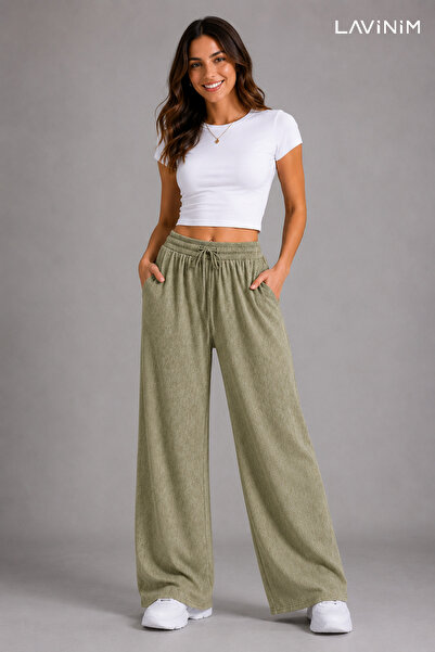 LAVİNİM Women's Denim Detailed Linen Blend Loose Leg Comfortable Summer Trousers