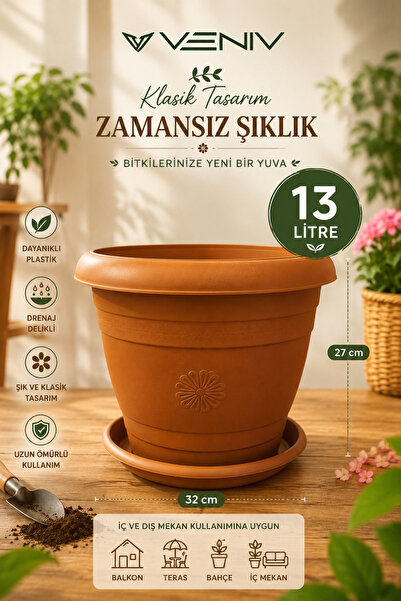 VENİV Dekoratif Antik Alt Tabaklı Saksı 13 Litre 1 Adet