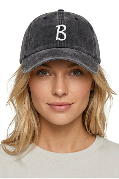 ŞapkaMania Black Embroidered Washable Vintage Unisex Hat with Letter B