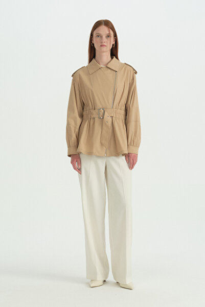 Nihan Short Cotton Cap with Gathered Waist Belt Detail - Camel
