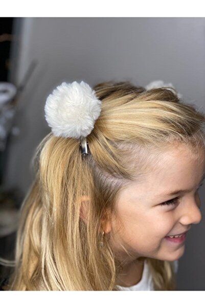 damlakidsmoda Peluş Tüylü Krem Rengi Büyük Ponpon 2 Li Toka Seti Metal Pens