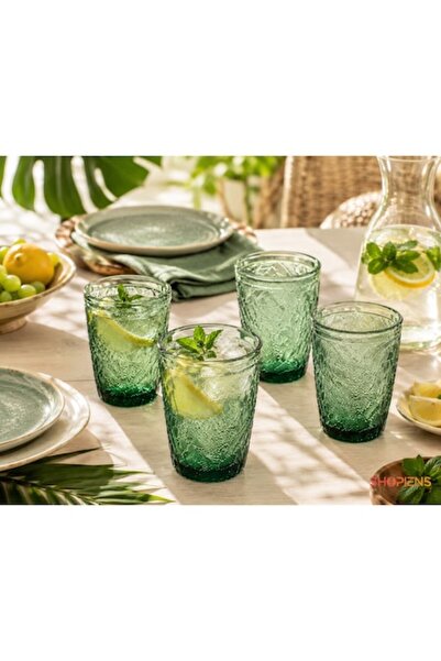 SHOPIENS Set de 4 pahare din sticlă verde cu model de frunze tropicale, textu...