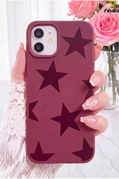 Fibaks iPhone 12 Kılıf Bordo Yıldız Star Desenli Silikon Darbe Emici Klasik S...