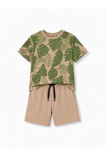 YİGİT BUTİK Set de tricou și pantaloni scurți cu imprimeu cu frunze pentru bă...