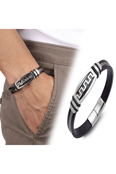 OGHAMAY Leather Cord Steel Rope Men's Bracelet 18394B17D1