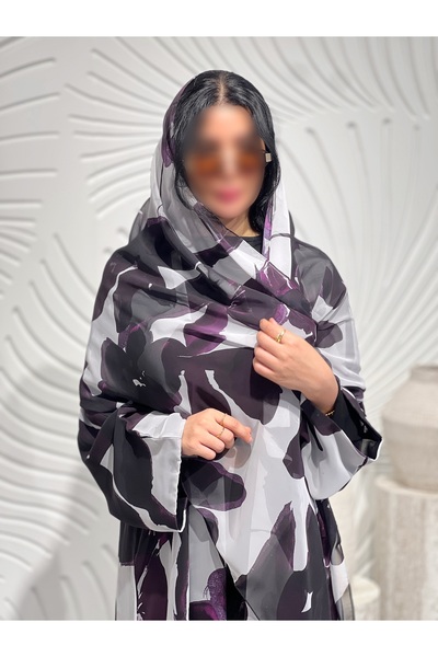 elegant veil Charming Purple Rose Patterned Silk Chiffon Abaya - Ghamam Abaya