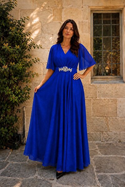 HİRAMİR Kadın Büyük Beden Siyah Taş Kemer Detaylı Maxi Boy Abiye Elbise YZ2740