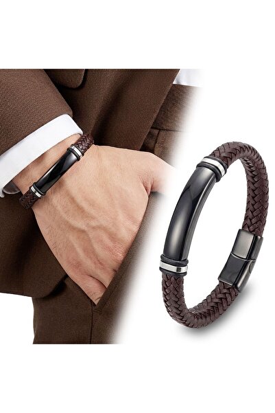 OGHAMAY Name Engravable Brown Leather and Black Titanium Lock Bracelet 18393B...