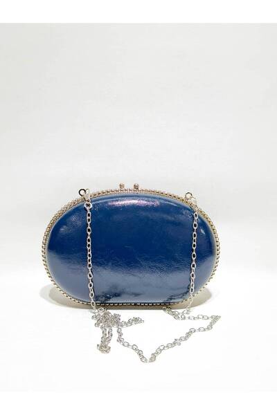womenacs Navy Blue Color Rustic Material Design Evening Dress Clutch with Cha...