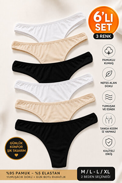 Meyzz Premium Kadın Düşük Bel Tanga Külot %95 Pamuk Yumuşak Dokulu Günlük Rahat String 6'Lı