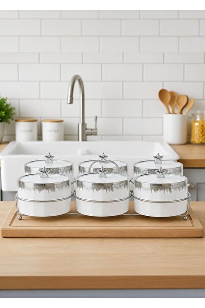 CEZVE HOME 6-Piece Porcelain Silver Breakfast Set with Lid and Metal Stand Pr...