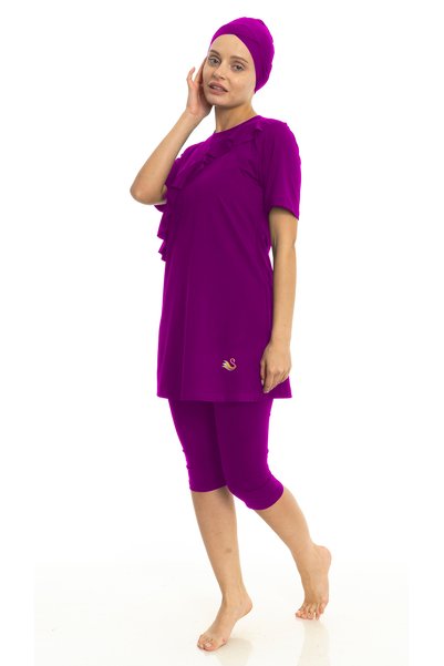 DIFFERENT Semi-Covered Short Sleeve Hijab Swimsuit with Ruffle Details