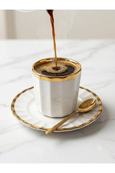 Elifim AVM Royal Line: 6-Person Luxury Porcelain Coffee Cup Set with Gold Gil...