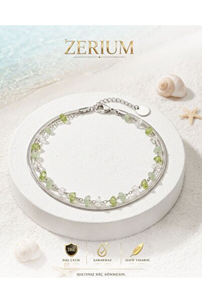 ZERİUM Premıum Kadın Çelik Halhal Silver Renk Ezme Zincir Doğal Taş Kırıntılı