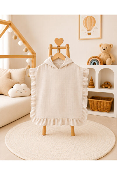 SALLHOMEE Sallhome Baby Bej Fırfırlı Kapüşonlu Müslin Çocuk Pançosu 2-6 Yaş 🌿🤎