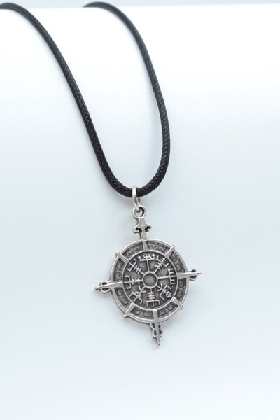 Genel Markalar Viking Vegvisir Pusula Gümüş Kaplama Deri İp Kolye