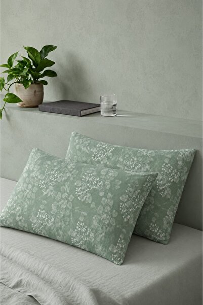 Fem Tekstil Yeşili Yaprak ve Çiçek Desenli 2'li Yastık Kılıfı 50x70 cm günlük...