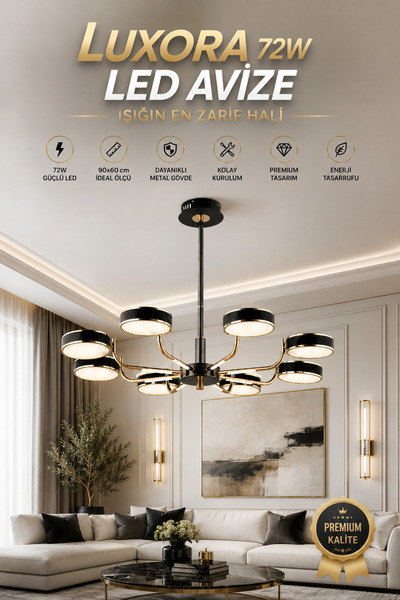 Elvora Home Modern (PREMİUM) LED 8'li Siyah Gold Sarkıt Avize Salon Oturma Od...