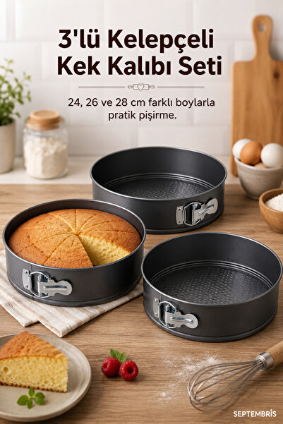 ChefLock 3'lü Kelepçeli Kek Kalıbı Seti 24-26-28 cm Yapışmaz Pasta Cheesecake Kalıbı