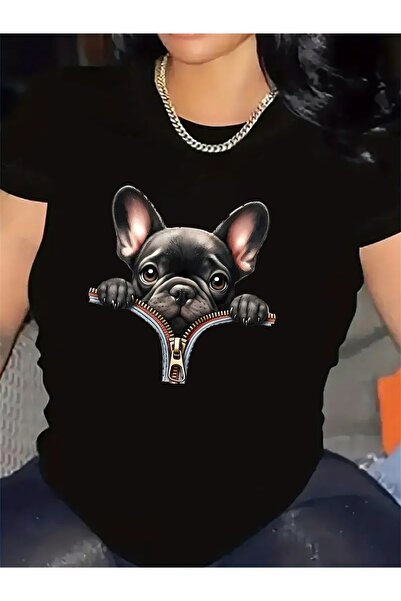 17TAKI French Bulldog Zip Design Short Sleeve T-Shirt Women, Lightweight cott...