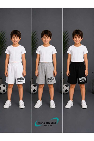 TREND THE BEST Trendin En İyisi Summer Brooklyn 1994 Crown Printed Boys and Girls Black, White, Gray Colors 3-Piece Shorts