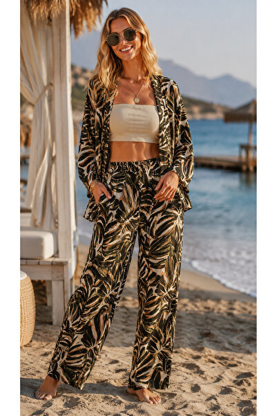forte bella Green-Brown Ethnic Leaf Pattern Top-Down Trend Kimono Set