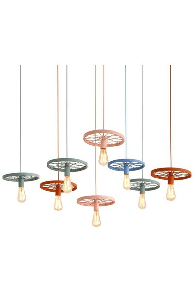 Cojom Lustră suspendată tip roată, metalică, vintage, E27, multicoloră, la al...
