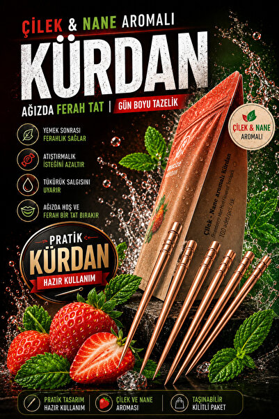 Auryne Jewelry Türkiyede İlk ve Yeni Çilek ve Nane Aromalı Kürdan 100 Adet, S...
