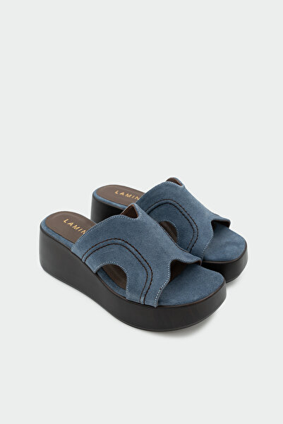 LAMİNTA Pafu Genuine Leather Women's Blue Thick Sole Slippers
