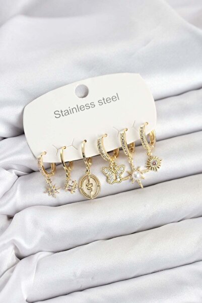 Inure Jewelry 316L Steel Gold Color Zircon Stone Charm Detailed Women's Earri...