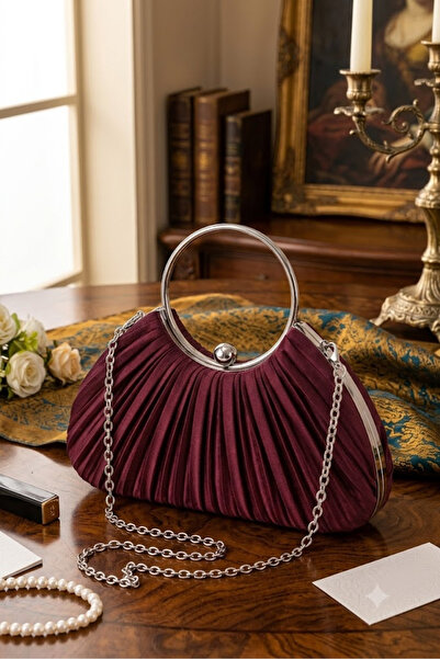 ZEYYMODA Burgundy Satin New Model Battery-Operated Evening Dress with Sleeves...