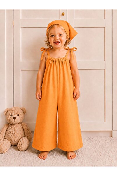 Moda Lina Baby Girl's Orange Strap Tie-Dye Detailed Wide-Leg Summer Jumpsuit
