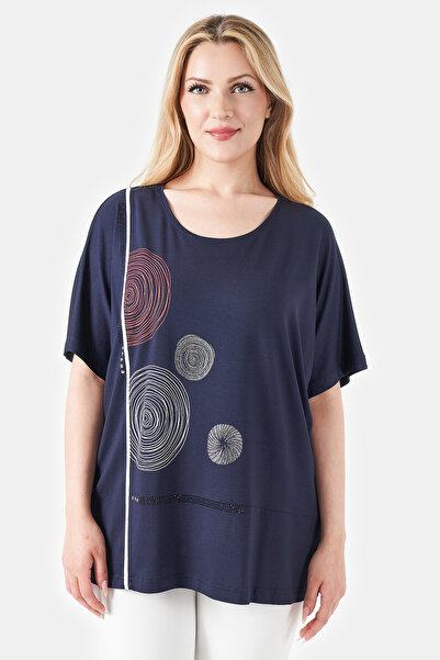 TOLGA SARAÇOĞLU 11059 Dark Blue Comfortable Cut Printed Knitted Blouse
