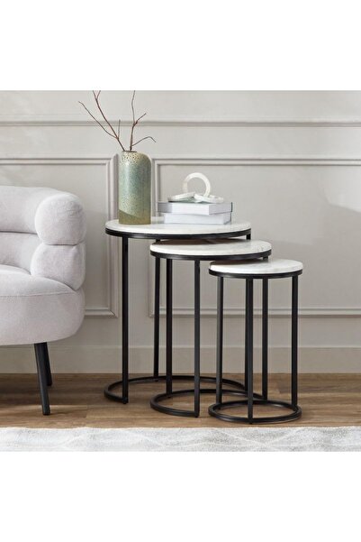 MANAR CORNER Side Table Set, 3 Pieces, Wooden Top, Iron Legs