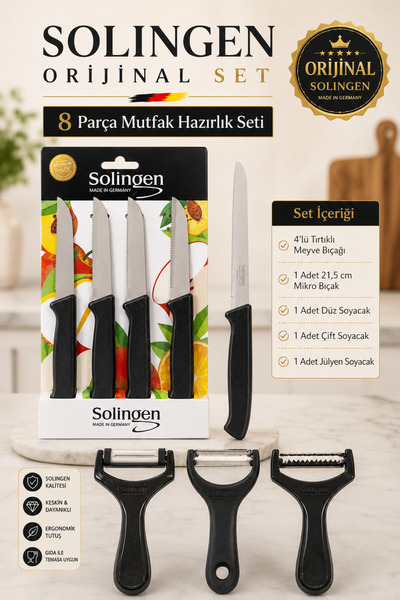 Solingen 8 Parça Siyah Mutfak Hazırlık Seti, 4’lü Tırtıklı Meyve Bıçağı, 21,5...
