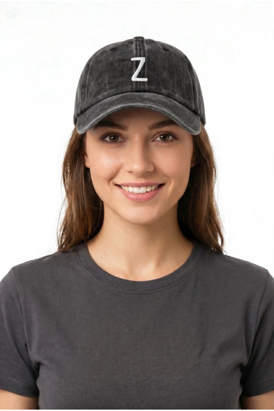 ŞapkaMania Black Embroidered Washable Vintage Unisex Hat with Letter Z