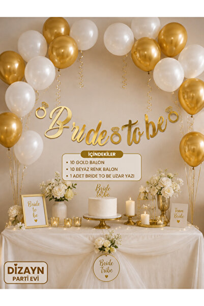 Dizayn Parti Evi Bride To Be Gümüş / Gold Uzar Yazı Banner + 10 Beyaz 10 Gri ...