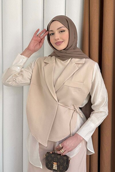 Modaensarbutik Oversize Şifon & Tül Detaylı Pamuklu Ceket-TAŞ