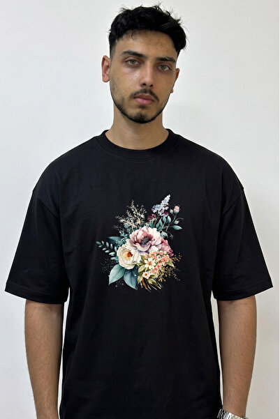 Anetos Watercolor Flower Bouquet Design Printed Oversize Black T-Shirt